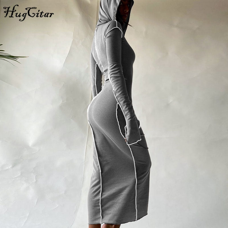 Hugcitar Long Sleeve Hooded Patchwork Skinny Maxi Dress Autumn Winter Women Fashion Streetwear Casual Outfits