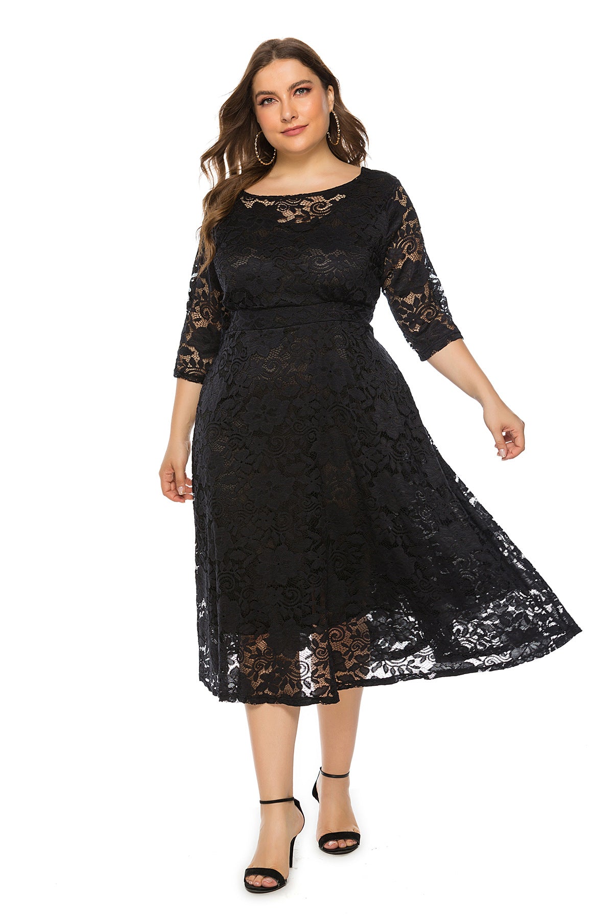 Plus Size Evening Dress Midi Cutout Lace Pocket Dress