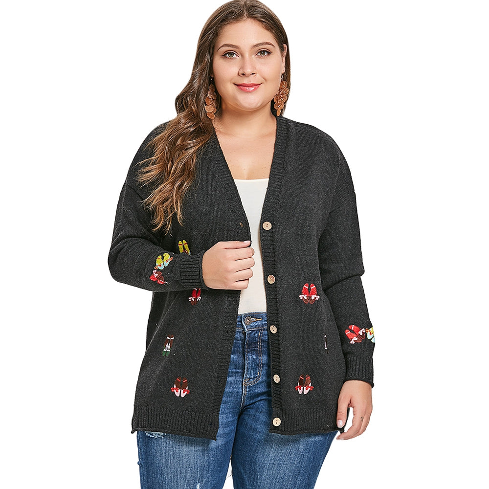 Plus Size Embroidery Drop Shoulder Cardigan