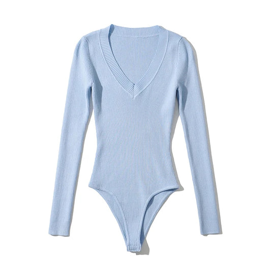 Women V-neck Long Sleeve Knitted Bodysuit Solid Color  High Elastic Slim Spring Autumn Jumpsuits