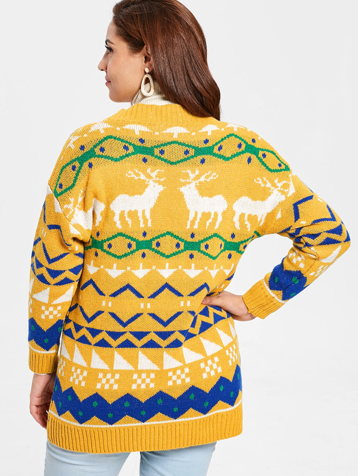 Plus Size Elk Print Christmas Button Cardigan