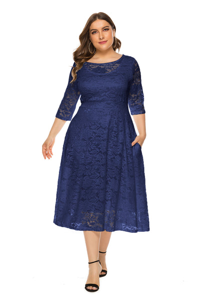 Plus Size Evening Dress Midi Cutout Lace Pocket Dress