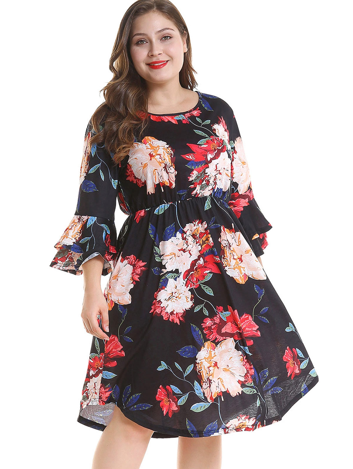 Plus Size Bell Sleeve Floral Print Dress