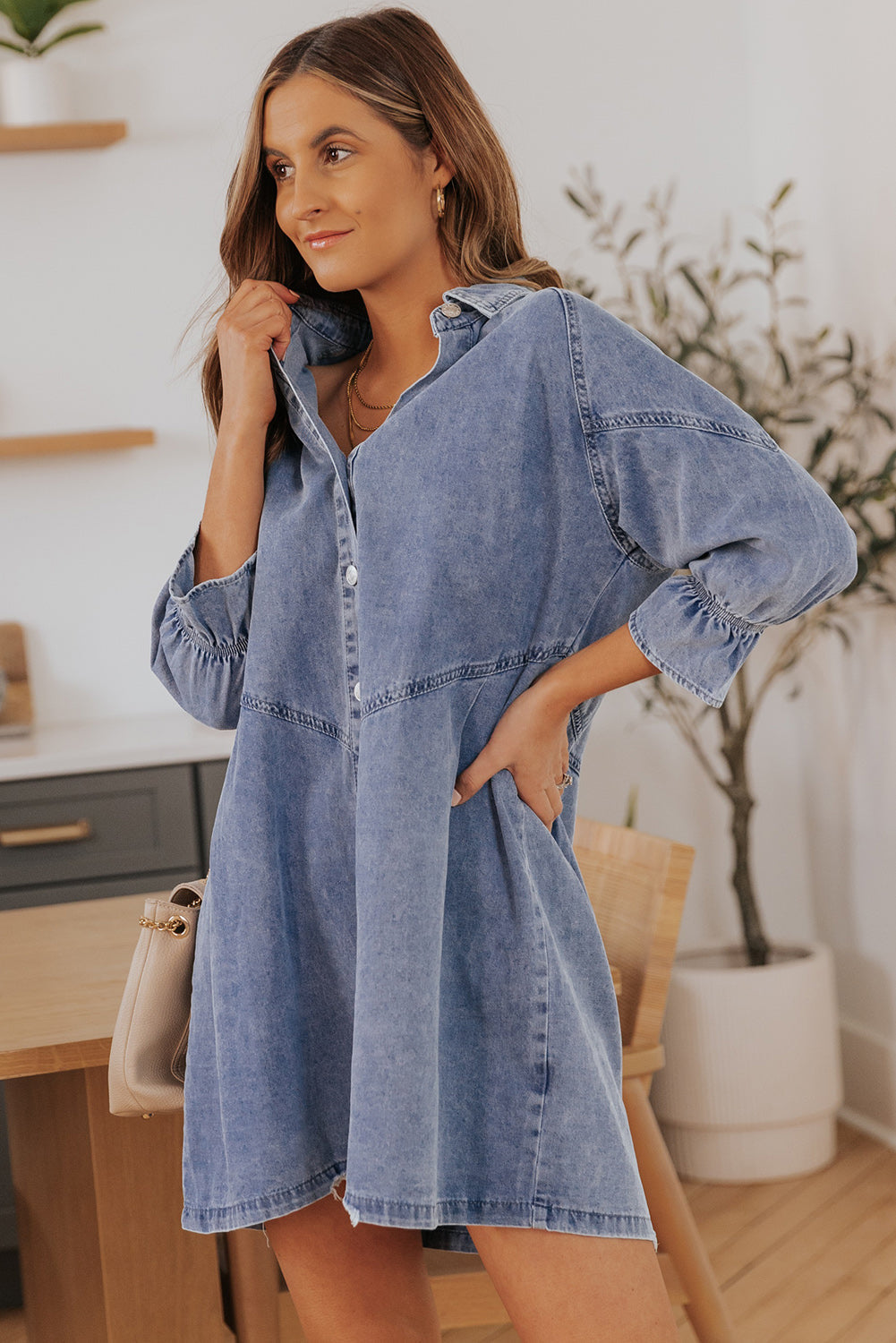 Londyn Buttoned Long Sleeve Denim Mini Dress