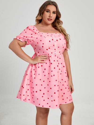 Pink Commuter Square Collar Plus Size Women's Love Printed Dress