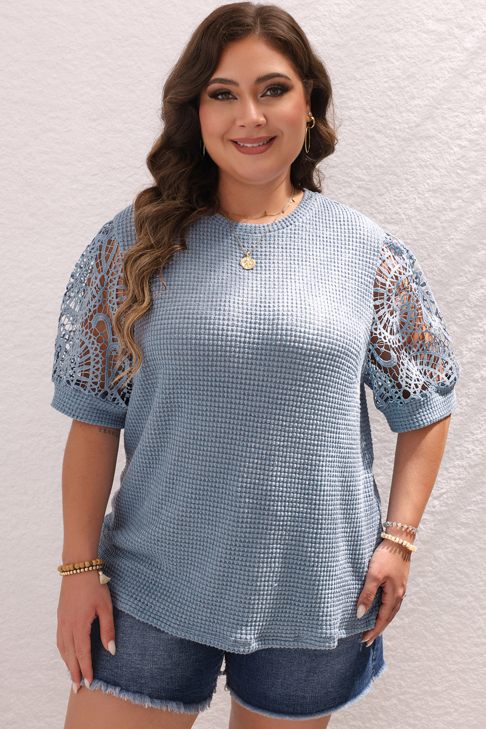 Ivey Plus Size Textured Knit Lace Sleeve Top