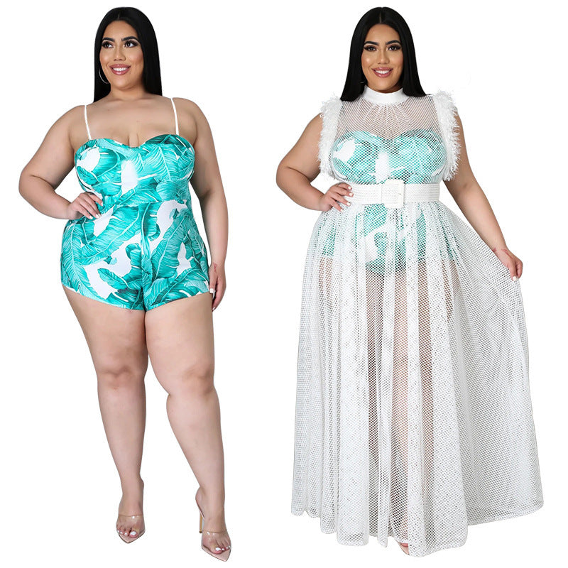 Plus Size Women's Temperament Perspective Sexy Mesh Long Dress Plus Size Dress Two Piece Suit