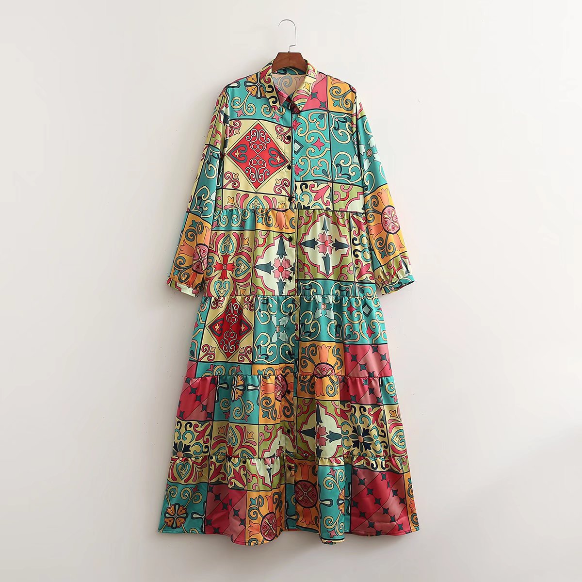 Women's New Printed Long Sleeve Shirt Dress Maxi Dress