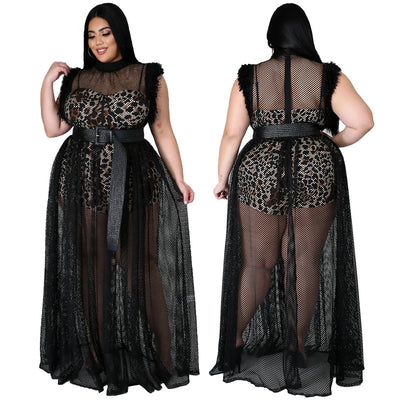 Plus Size Women's Temperament Perspective Sexy Mesh Long Dress Plus Size Dress Two Piece Suit