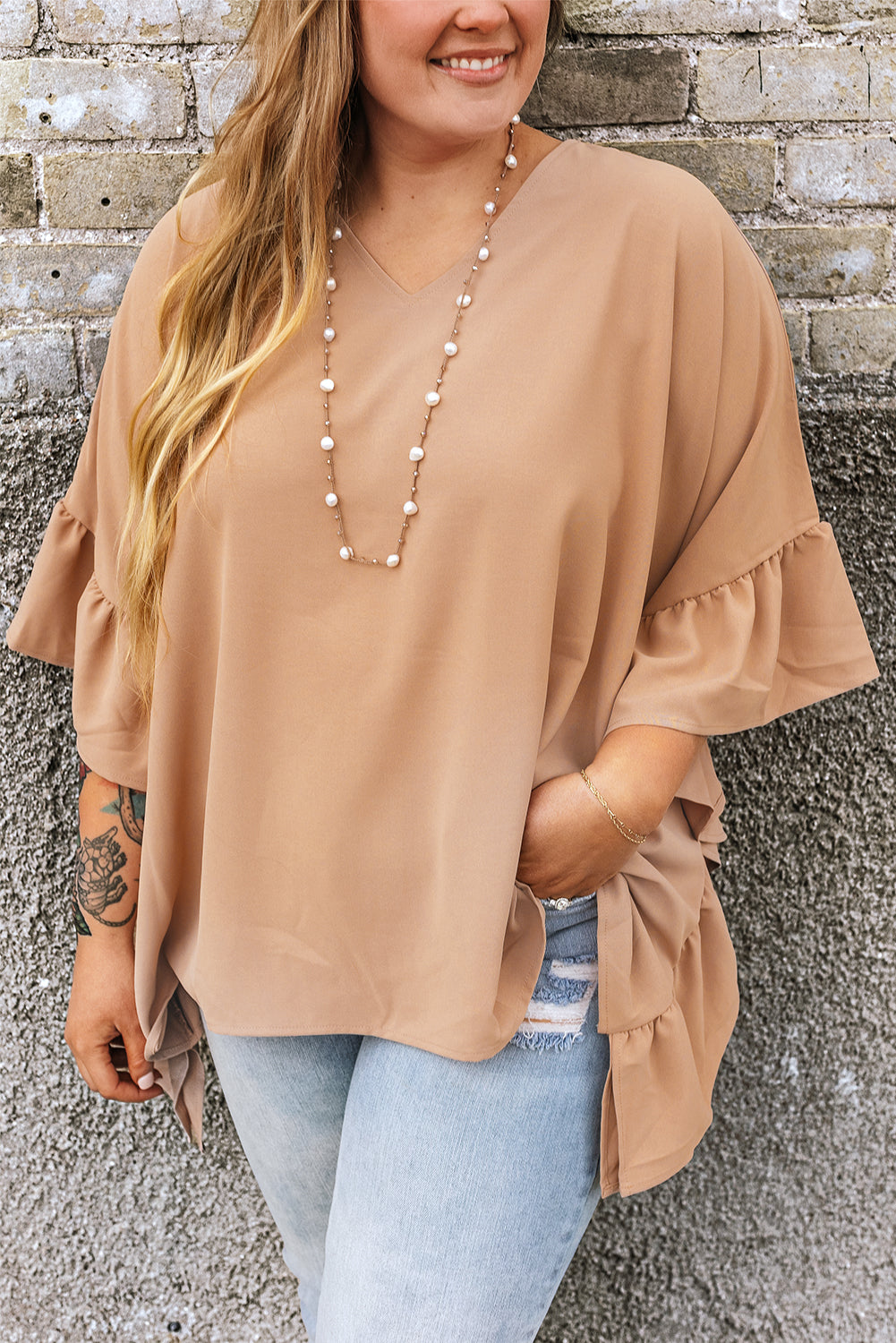 Marisol Plus Size Ruffled Batwing Sleeve v Neck Blouse