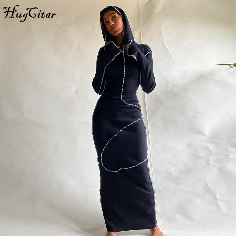 Hugcitar Long Sleeve Hooded Patchwork Skinny Maxi Dress Autumn Winter Women Fashion Streetwear Casual Outfits