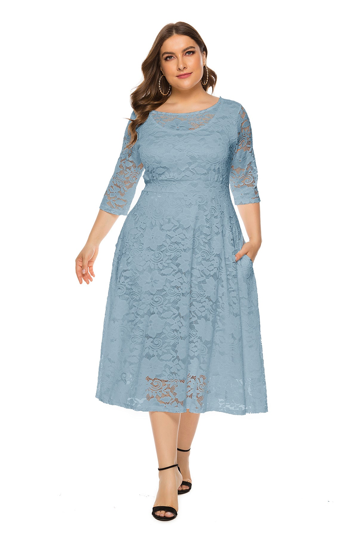 Plus Size Evening Dress Midi Cutout Lace Pocket Dress