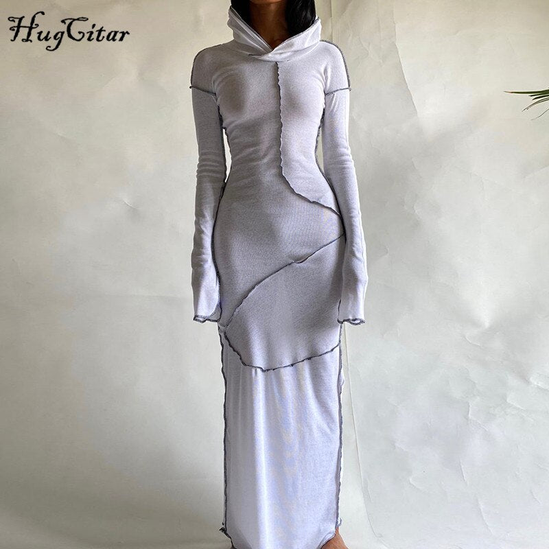 Hugcitar Long Sleeve Hooded Patchwork Skinny Maxi Dress Autumn Winter Women Fashion Streetwear Casual Outfits