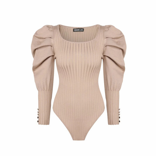 Autumn Knitted Bodysuits Women Vintage Square Collar Puff Sleeve Bodysuit Solid Color Slim Jumpsuit