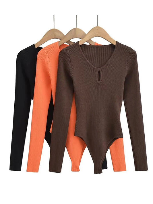 Bodysuit Women Long Sleeve Hollow Out Knitted Stretchable Slim Jumpsuits 3 Colors Tops