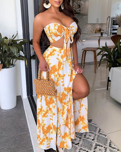 Printed Bandeau Sexy Strapless Crop Tops & Slit Maxi Skirts Set Summer Women Two Piece Set