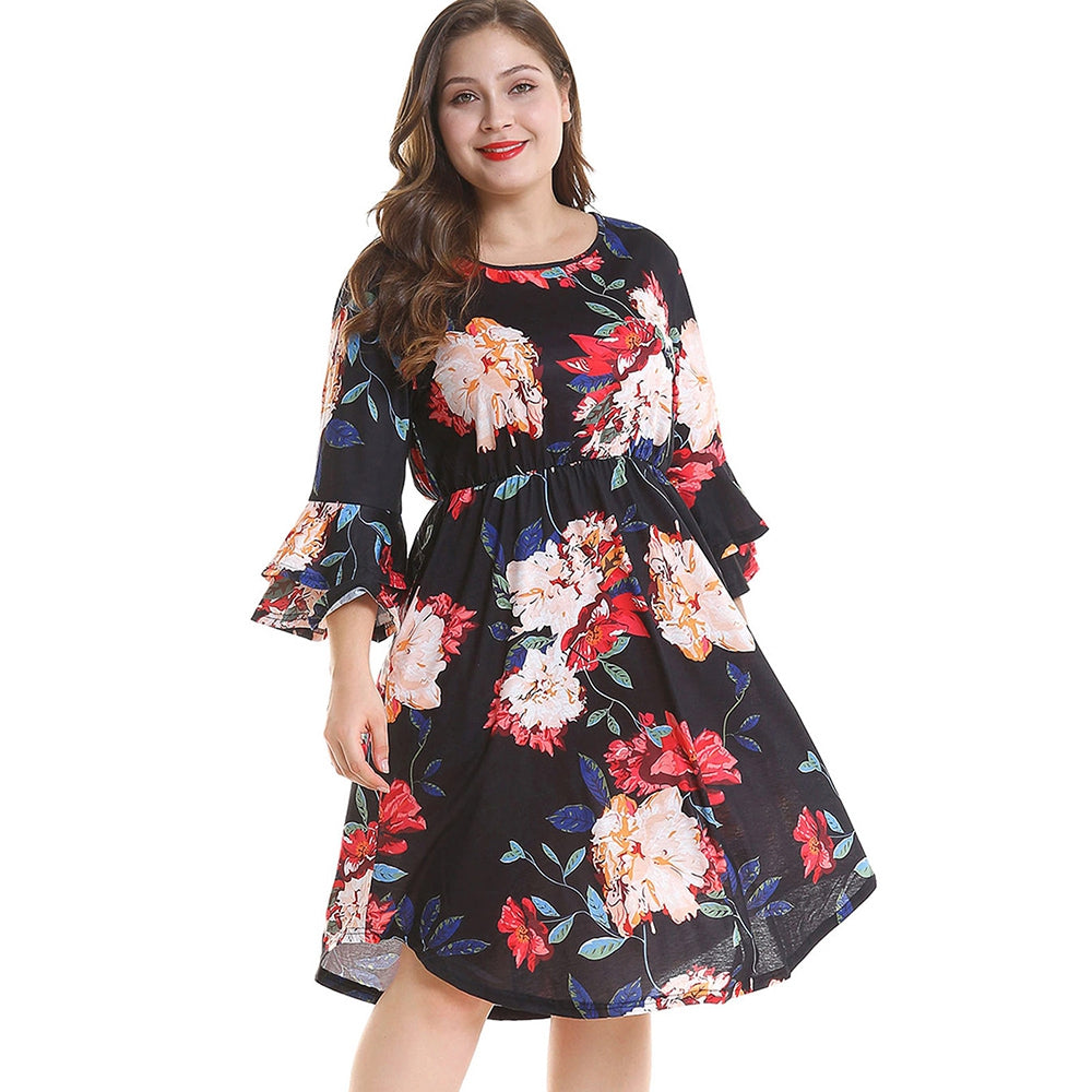 Plus Size Bell Sleeve Floral Print Dress