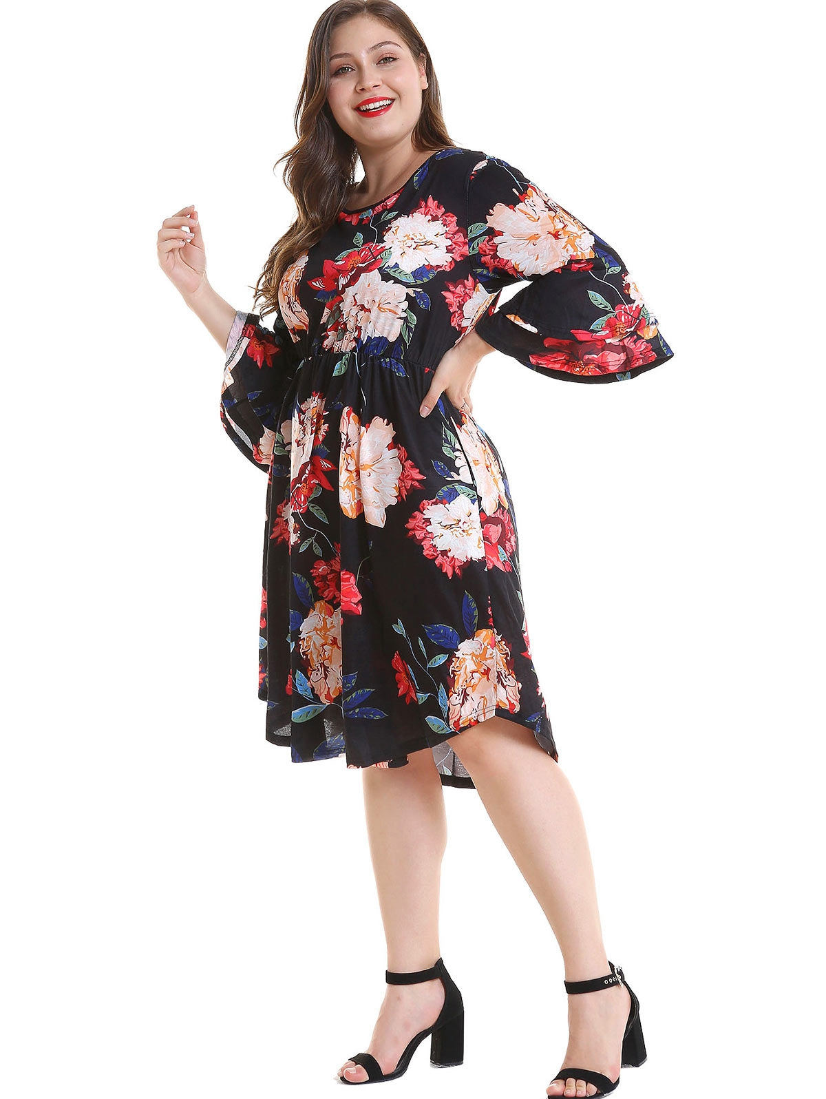 Plus Size Bell Sleeve Floral Print Dress