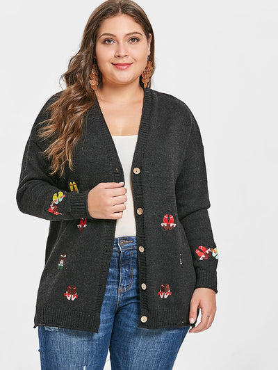 Plus Size Embroidery Drop Shoulder Cardigan