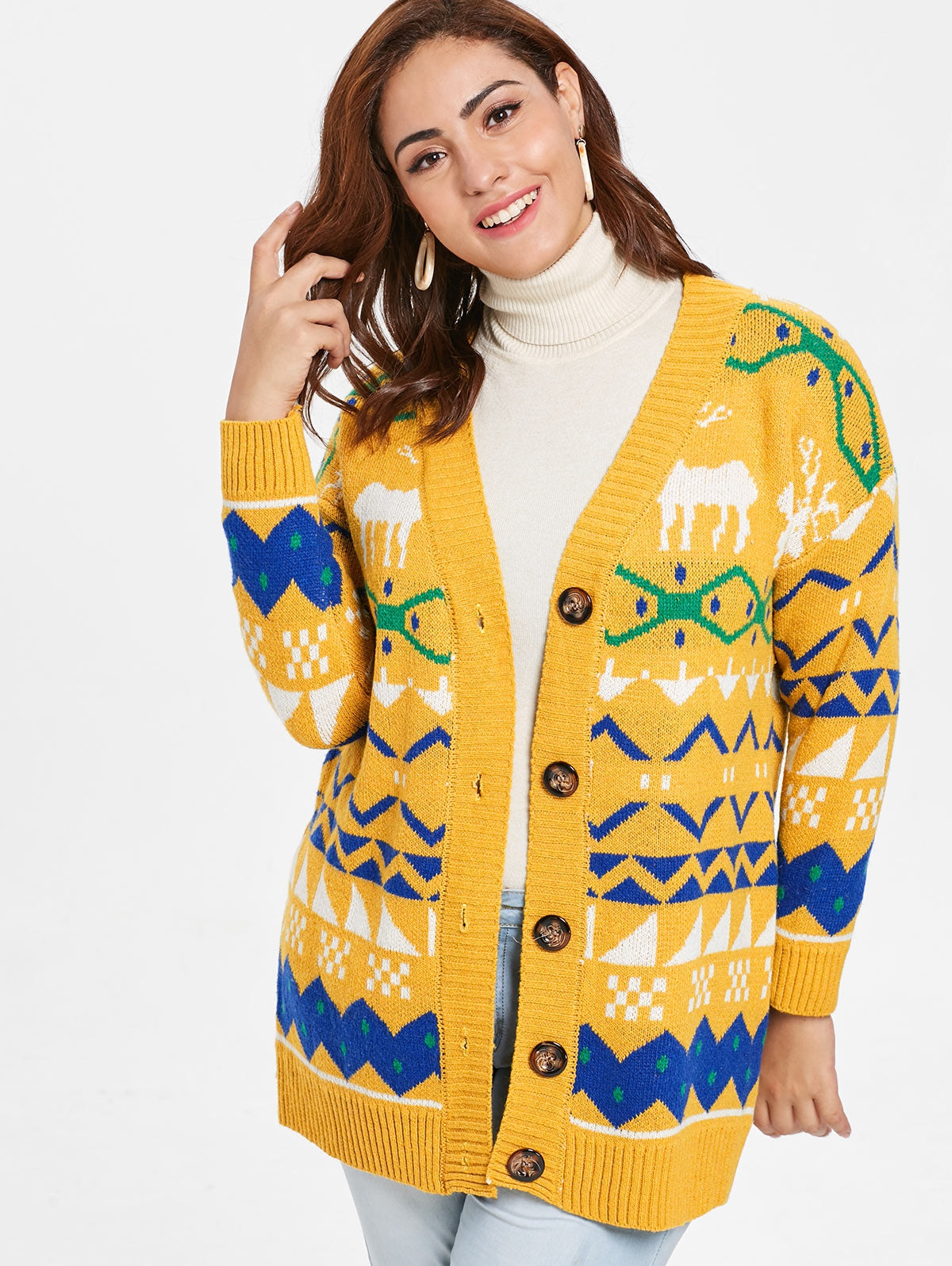 Plus Size Elk Print Christmas Button Cardigan