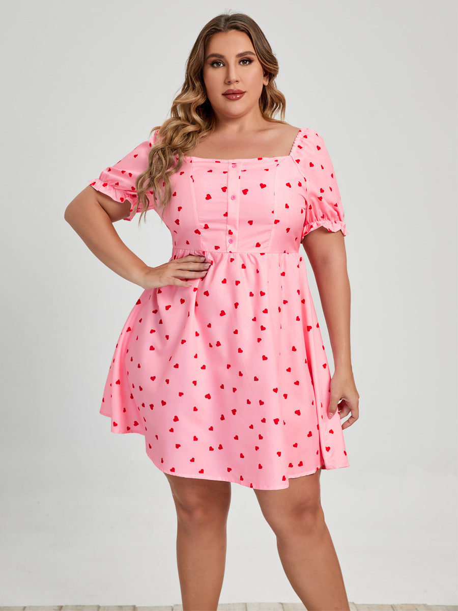 Pink Commuter Square Collar Plus Size Women's Love Printed Dress