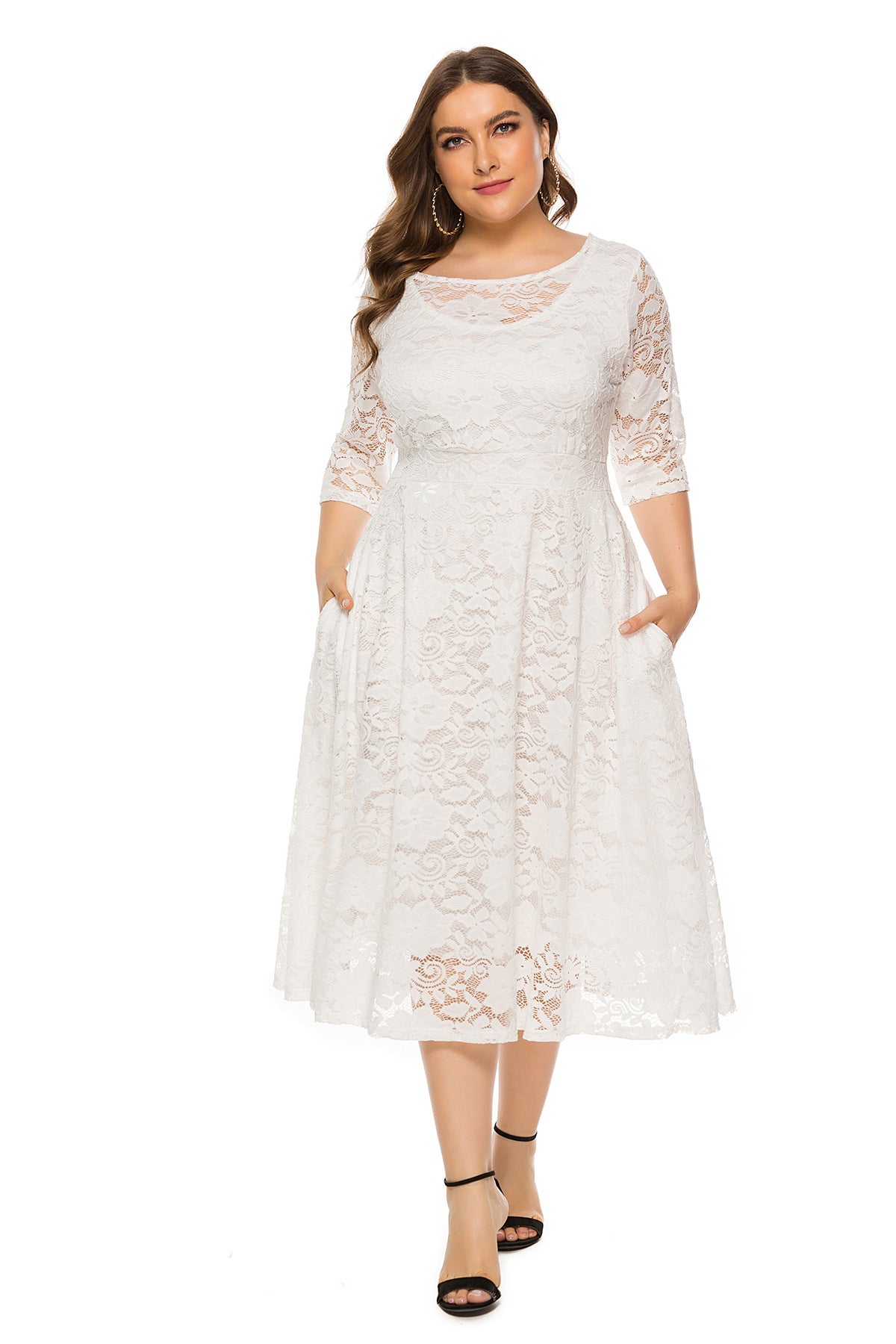 Plus Size Evening Dress Midi Cutout Lace Pocket Dress