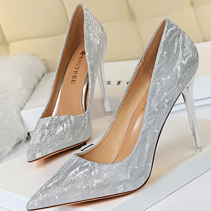 BIGTREE Shoes Woman Pumps Silver Champagne High Heels