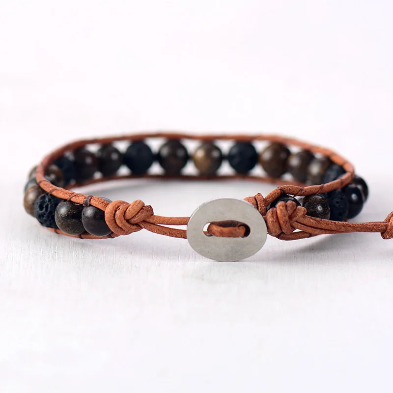 Men Leather Bracelets 6MM Lava Stone Bronzite Wrap Bracelet