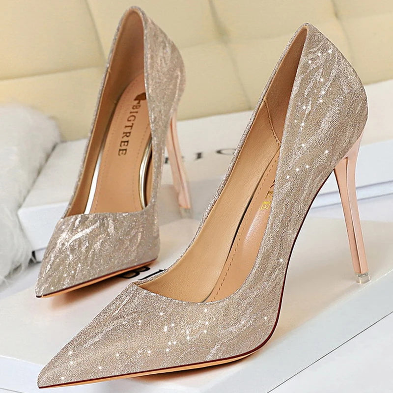 BIGTREE Shoes Woman Pumps Silver Champagne High Heels