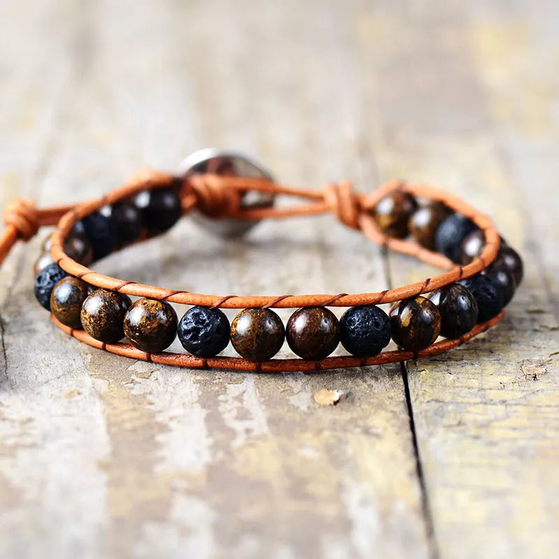 Men Leather Bracelets 6MM Lava Stone Bronzite Wrap Bracelet