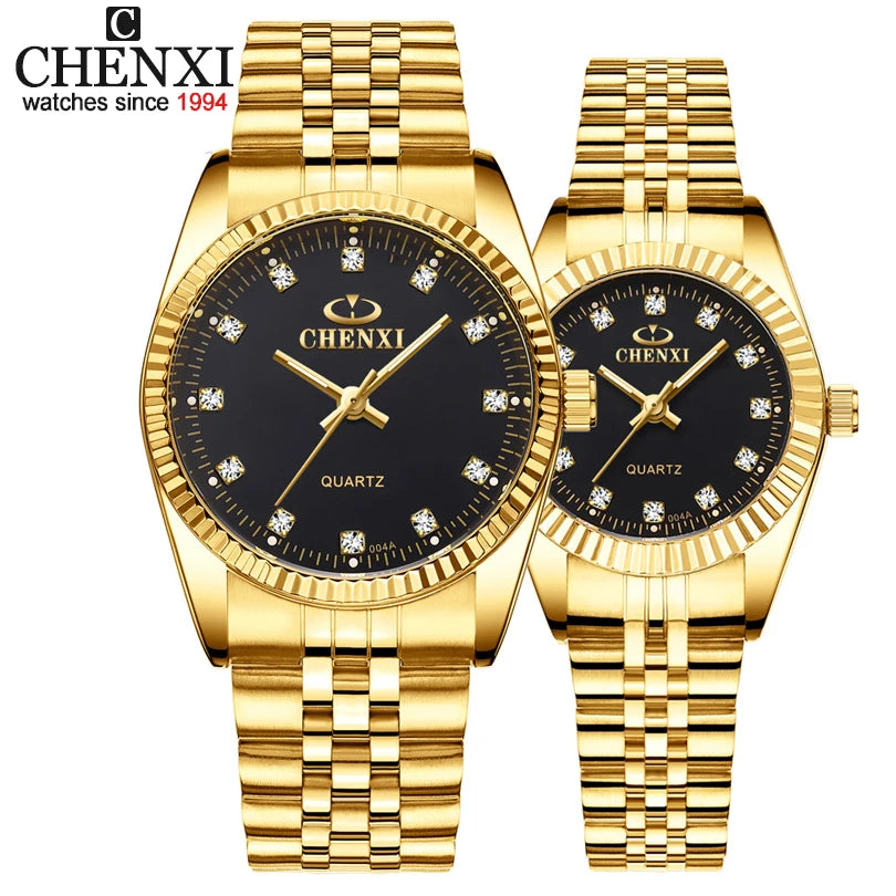 CHENXI Luxury Couple Watch Golden Fashion Stainless Steel Lovers Watch