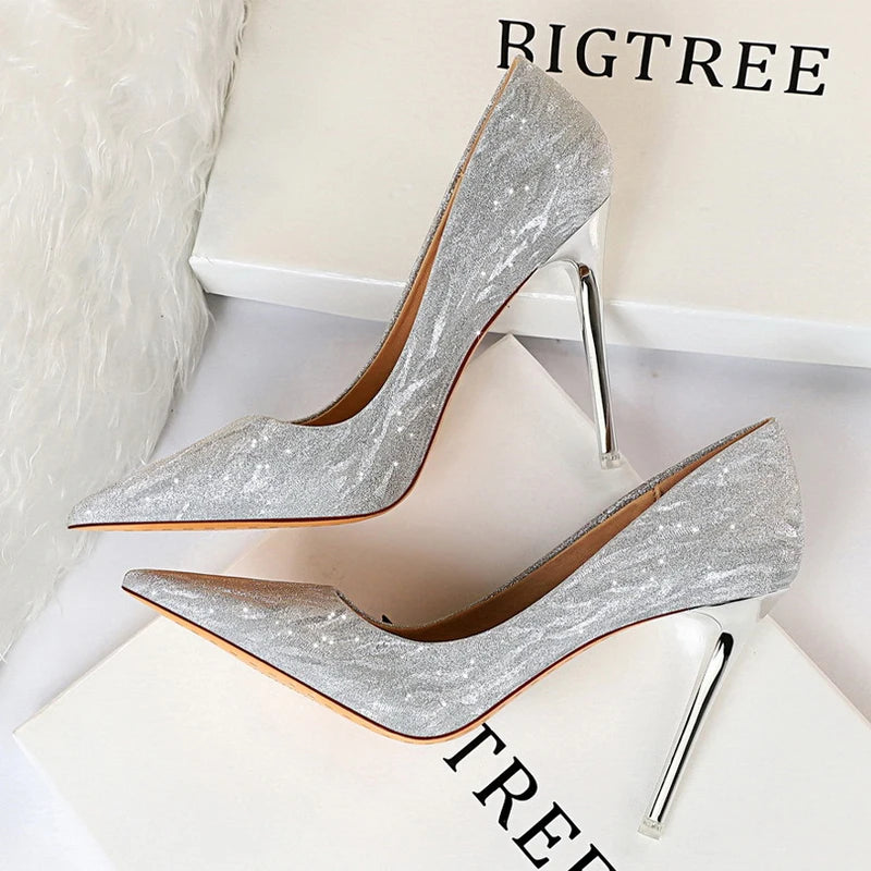 BIGTREE Shoes Woman Pumps Silver Champagne High Heels