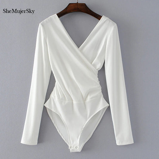 SheMujerSky Long Sleeve Bodysuit Women Backless Jumpsuits Black White Body femme monos cortos de mujer