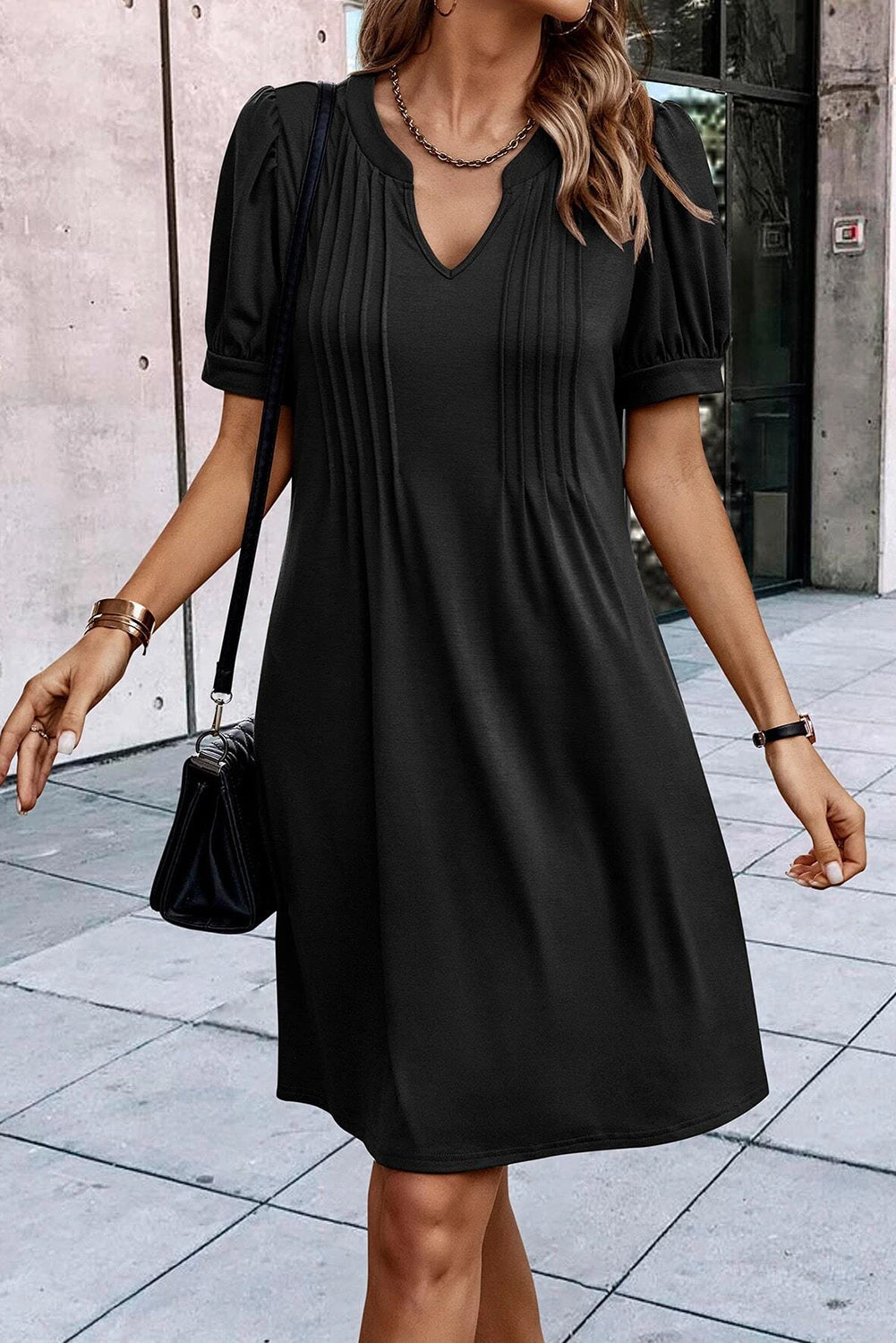 Kaitlyn Notched Neck Pleated Puff Sleeve Shift T-Shirt Dress