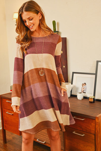 Long Sleeved Rib Stripe Pocket Dress