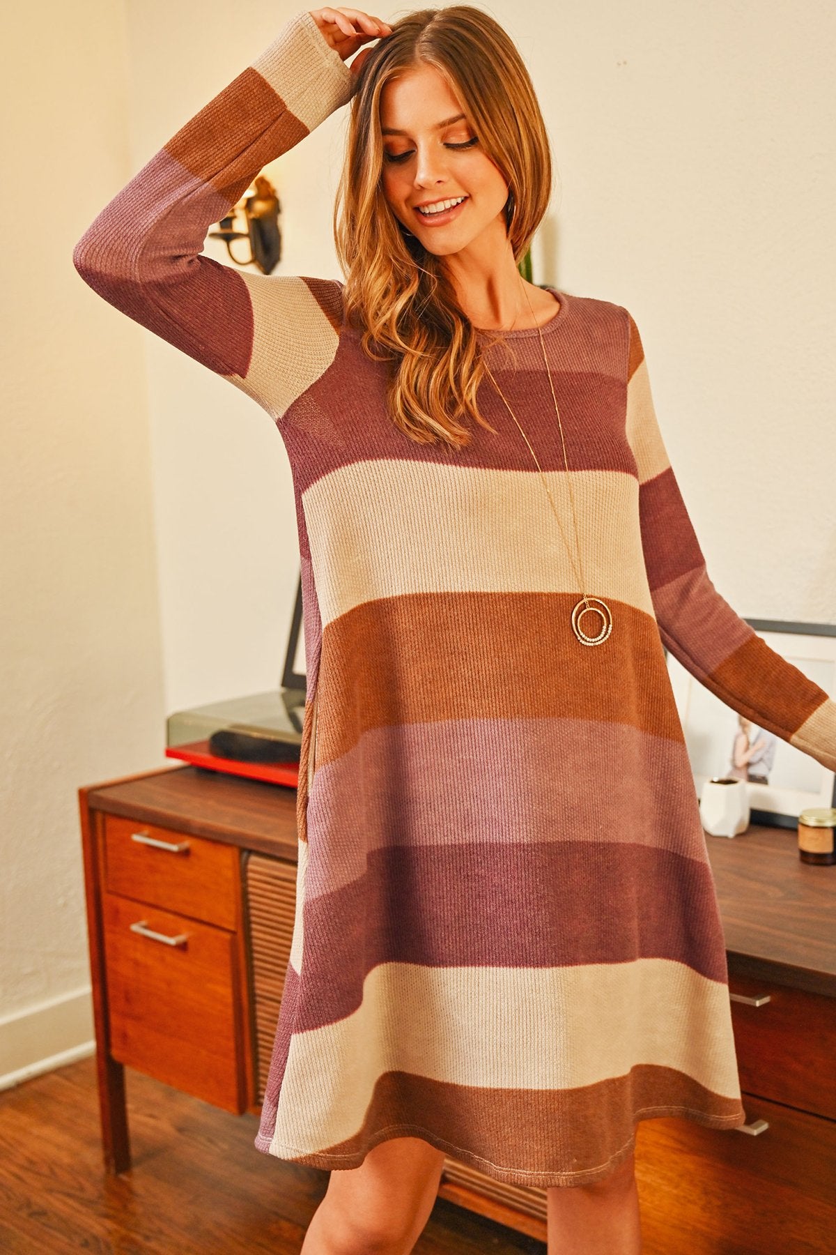 Long Sleeved Rib Stripe Pocket Dress