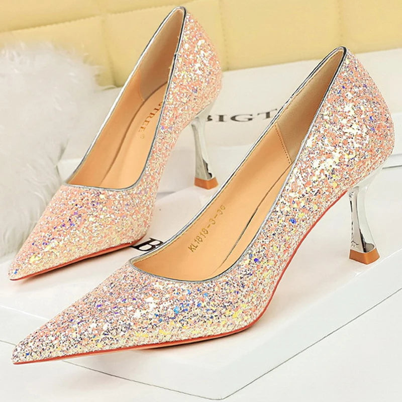 BIGTREE Shoes Women 7 Cm Heels Shiny Sequin Cloth Women Pumps