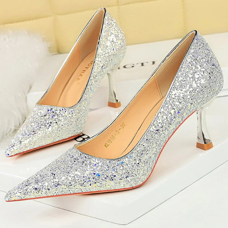 BIGTREE Shoes Women 7 Cm Heels Shiny Sequin Cloth Women Pumps