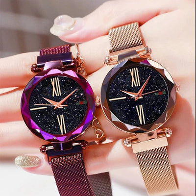 Luxury Rose Gold Women Watches Minimalism Starry Sky Magnet Buckle Fashion