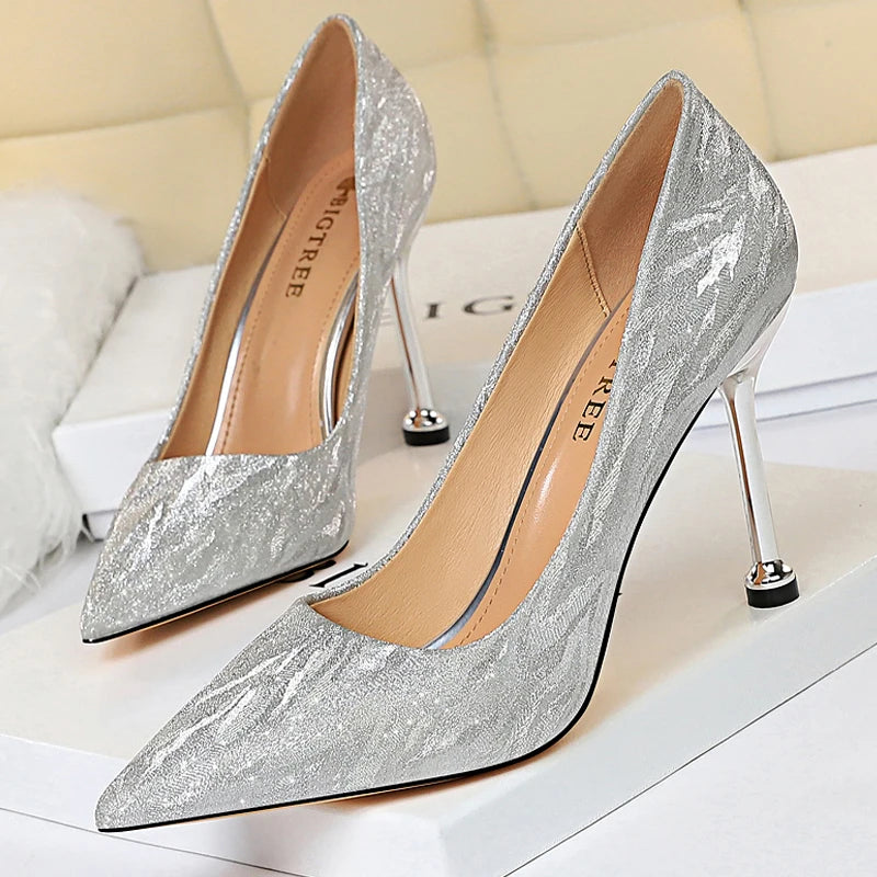 BIGTREE Shoes Woman Pumps Silver Champagne High Heels