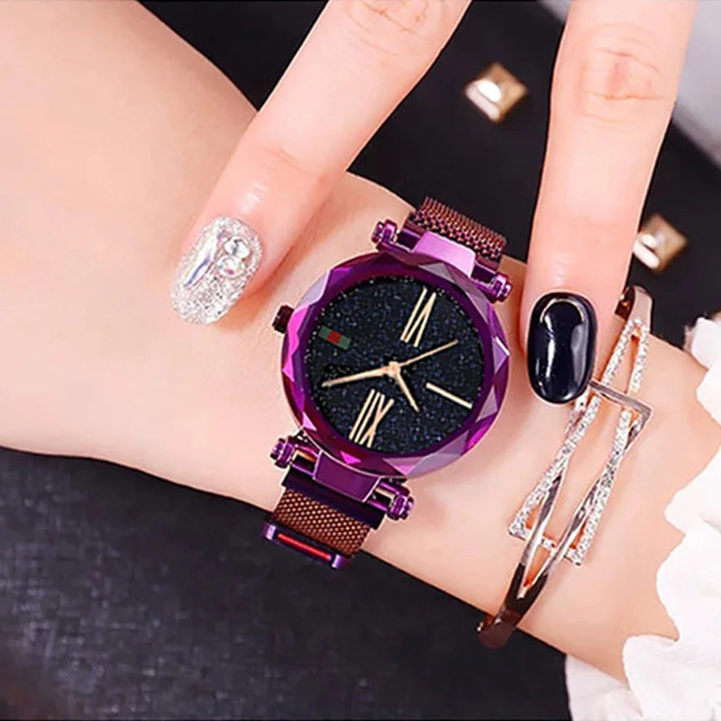 Luxury Rose Gold Women Watches Minimalism Starry Sky Magnet Buckle Fashion