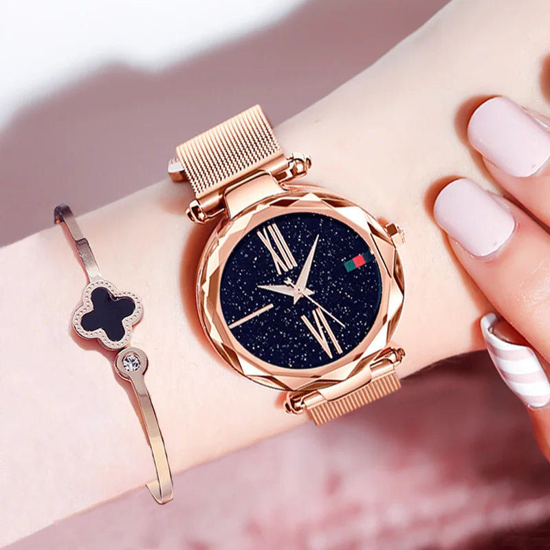 Luxury Rose Gold Women Watches Minimalism Starry Sky Magnet Buckle Fashion