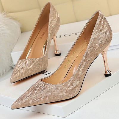 BIGTREE Shoes Woman Pumps Silver Champagne High Heels