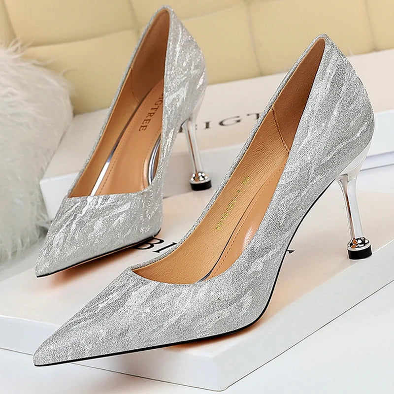 BIGTREE Shoes Woman Pumps Silver Champagne High Heels