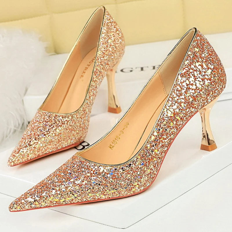 BIGTREE Shoes Women 7 Cm Heels Shiny Sequin Cloth Women Pumps