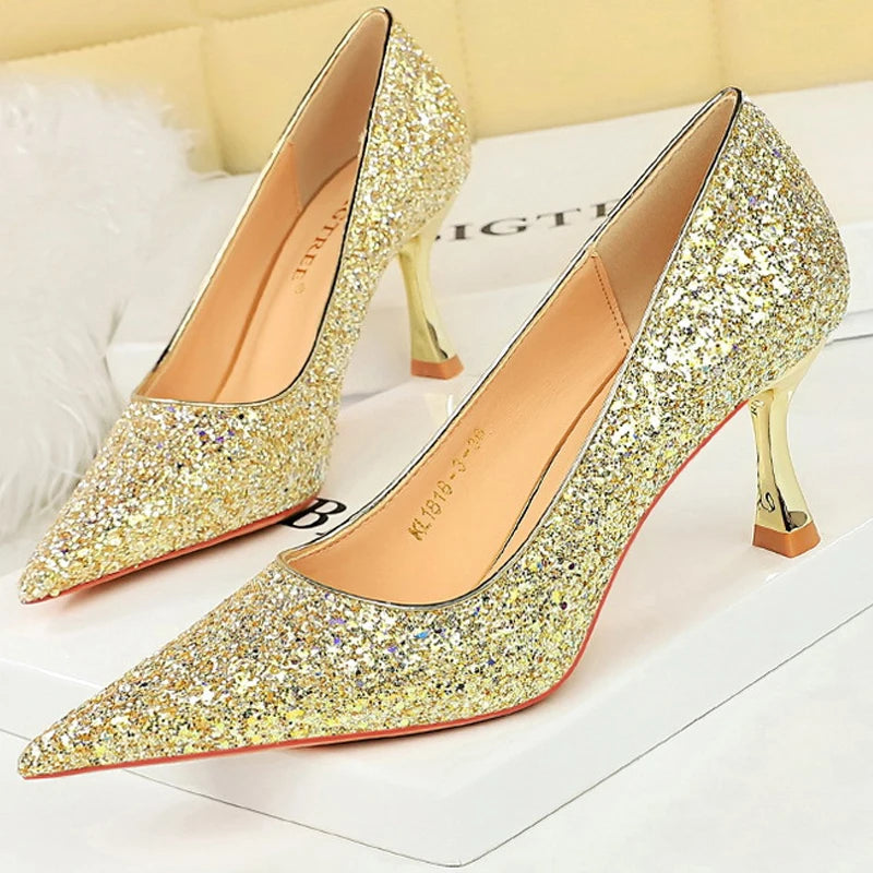 BIGTREE Shoes Women 7 Cm Heels Shiny Sequin Cloth Women Pumps