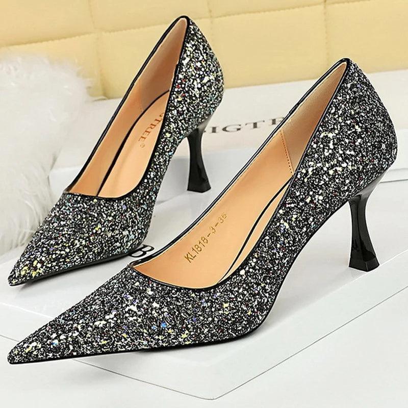 BIGTREE Shoes Women 7 Cm Heels Shiny Sequin Cloth Women Pumps