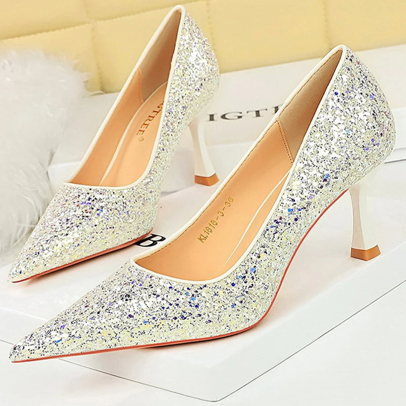 BIGTREE Shoes Women 7 Cm Heels Shiny Sequin Cloth Women Pumps