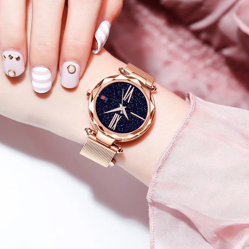 Luxury Rose Gold Women Watches Minimalism Starry Sky Magnet Buckle Fashion