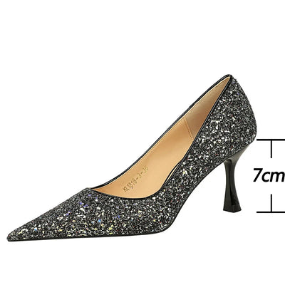 BIGTREE Shoes Women 7 Cm Heels Shiny Sequin Cloth Women Pumps